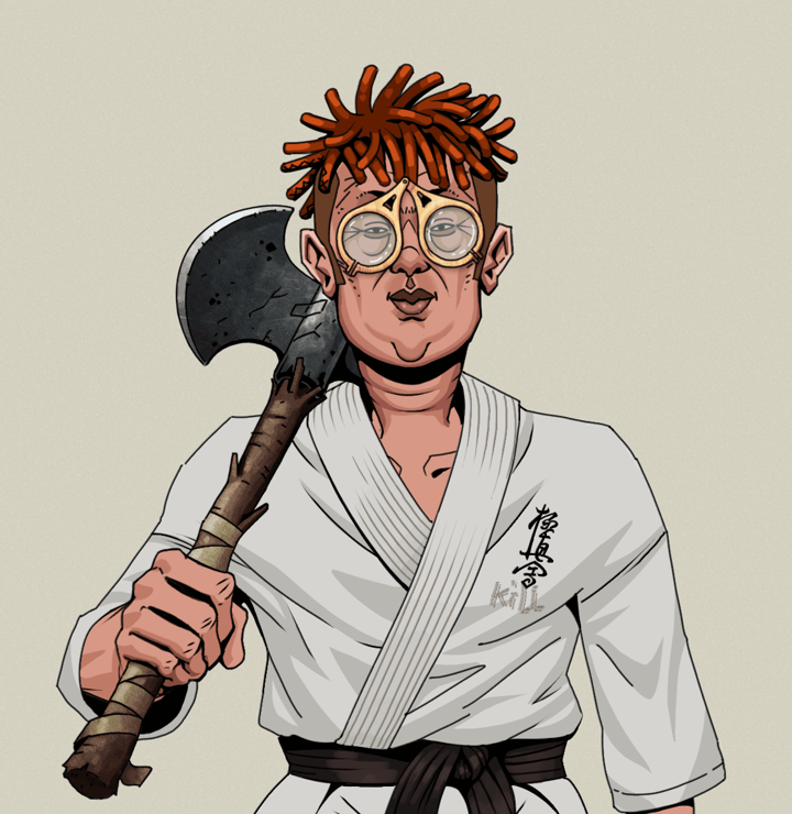 Fat Bob — Degen Dojo NFT art (Shirtless Runt, Warm Grey, Degens, Student Gi, Fat Bob, Pocket Glasses, Orange Bantu Knots, Axe, Mint)
