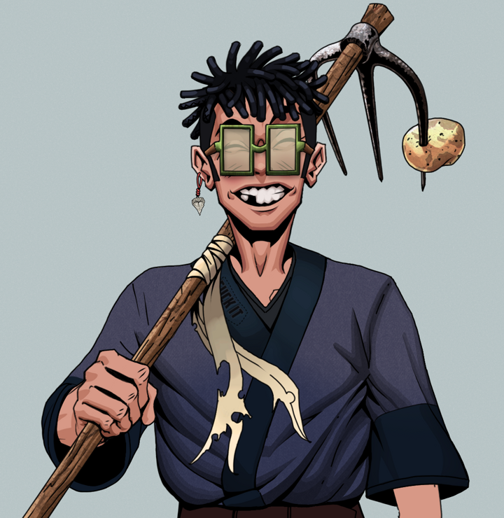 Cheery Haru — Degen Dojo NFT art (Shark Tooth, Light Grey, Degens, Fuck You Kimono, Cheery Haru, Shoji Glasses, Black Bantu Knots, Farmers Hoe, Mint)