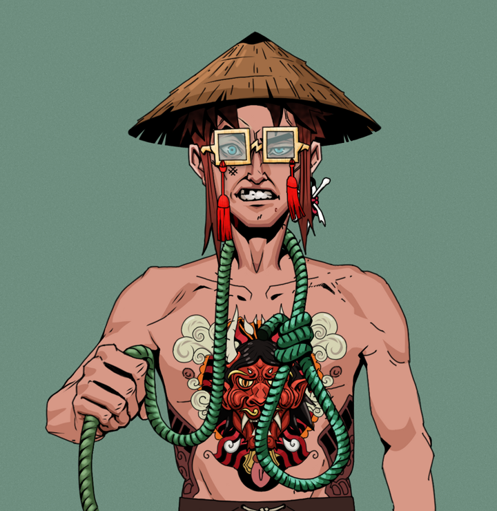 Akuma — Degen Dojo NFT art (Finger Bones, Olive Green, Degens, Red Oni Tattoo, Akuma, Shoji Tassel Glasses, Rice Hat, Noose, Mint)