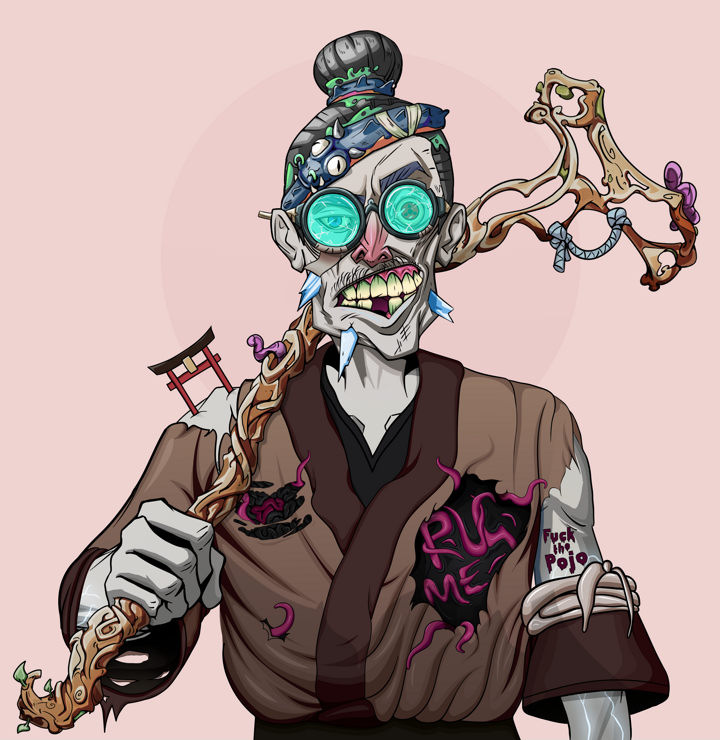 Akuma — Degen Dojo NFT art (Shirtless Runt, Red High Moon, Demons, Degen Dojo Kimono, Akuma, Bloodied Glasses, Hair Bun, Wooden Walking Cane, Mint)