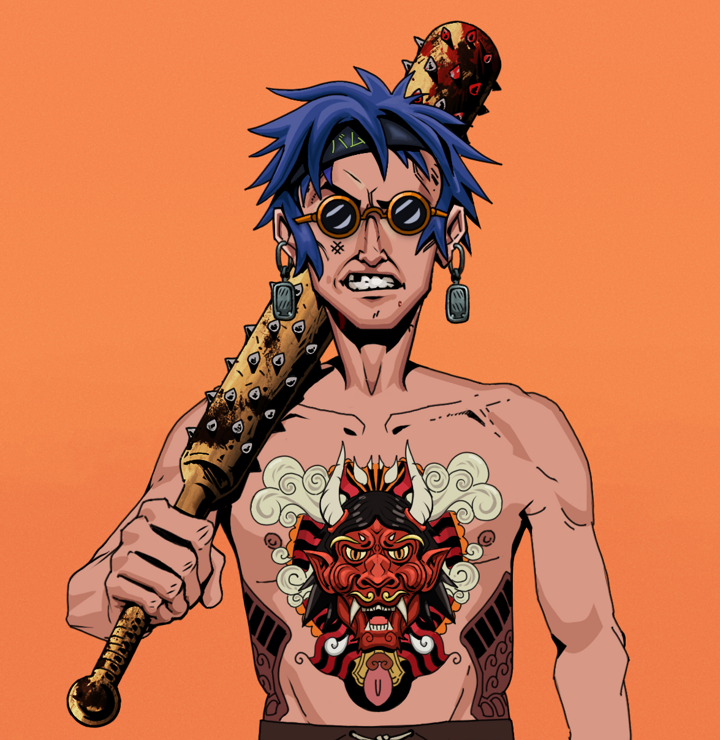 Akuma — Degen Dojo NFT art (Iron Earrings, Orange Afternoon, Degens, Red Oni Tattoo, Akuma, Dark Spectacles, Bum Headband Ruffian, Yakuza Club, Mint)