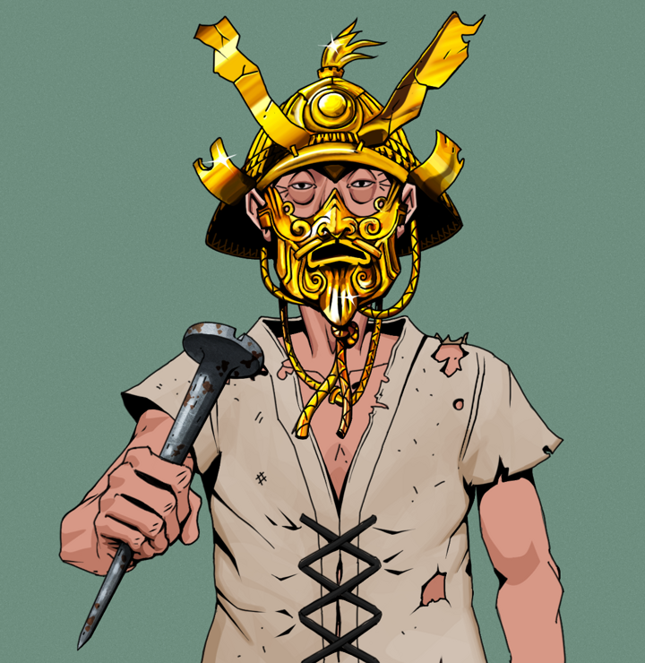 Goro — Degen Dojo NFT art (Shirtless Runt, Olive Green, Degens, Rice Sack Rags, Goro, Golden Kabuto, Rusty Nail, Mint)