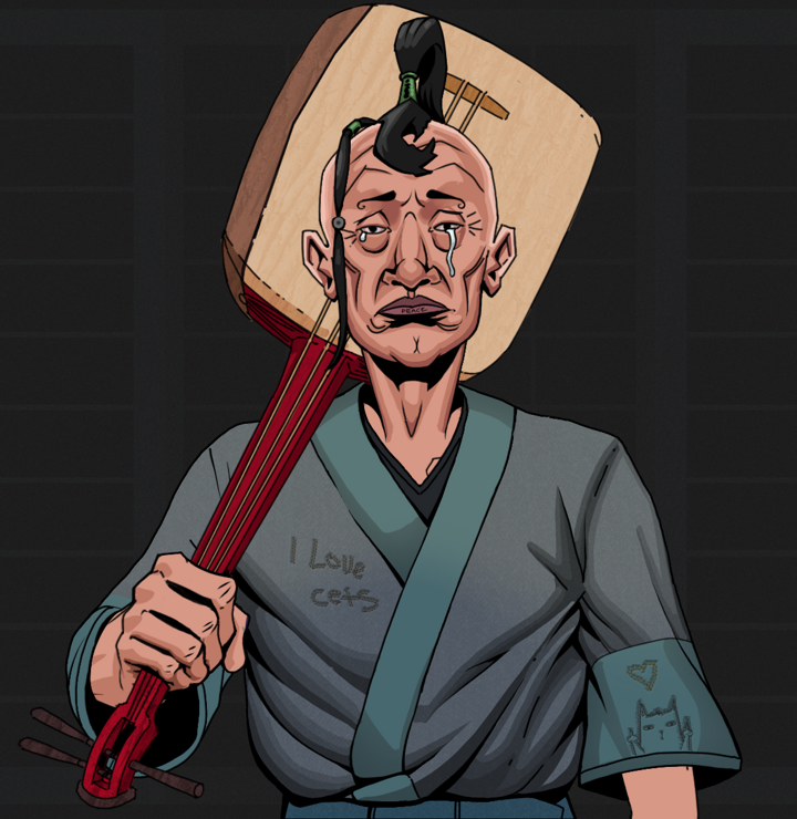 Teary Goro — Degen Dojo NFT art (Shirtless Runt, Shoji Night, Degens, Cet Kimono, Teary Goro, Dejen Samurai, Shamisen, Mint)