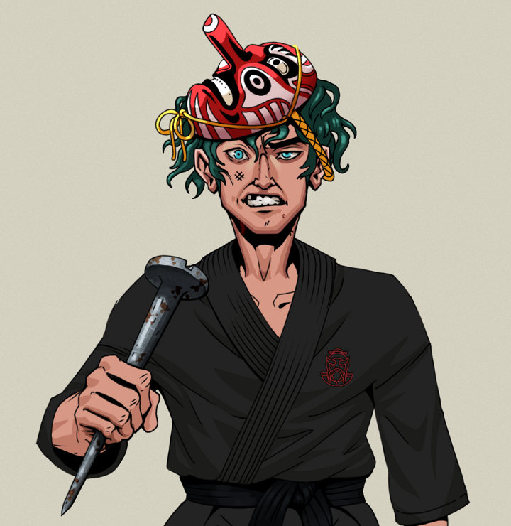 Akuma — Degen Dojo NFT art (Shirtless Runt, Warm Grey, Degens, Master Black Gi, Akuma, Tengu Mask, Rusty Nail, Mint)