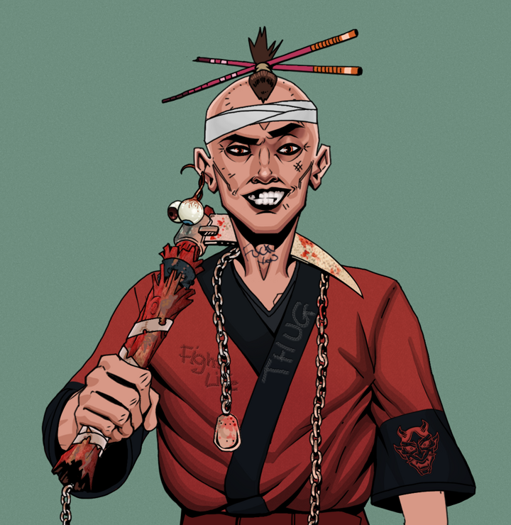 Junichiro — Degen Dojo NFT art (Shaman Eyes, Olive Green, Degens, Red Oni Kimono, Junichiro, Shirtless Runt, Hair Bun With Chopsticks, Rusty Kusarigama, Mint)