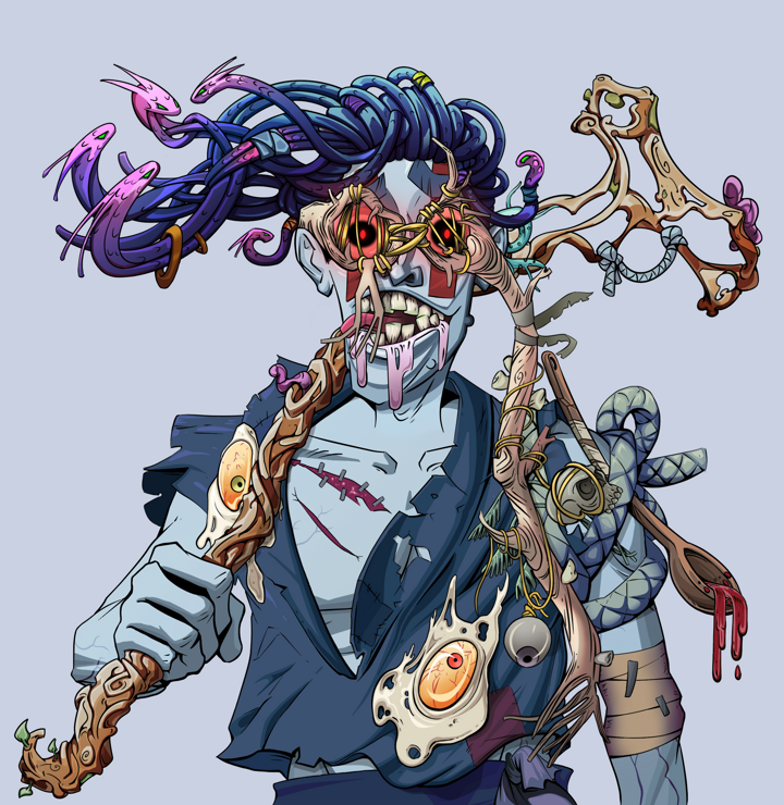Drooling Azuma — Degen Dojo NFT art (Wooden Loop, Blue Evening, Demons, Glutton Fight, Drooling Azuma, Telescopic Glasses, Flowing Dreads, Wooden Walking Cane, Mint)