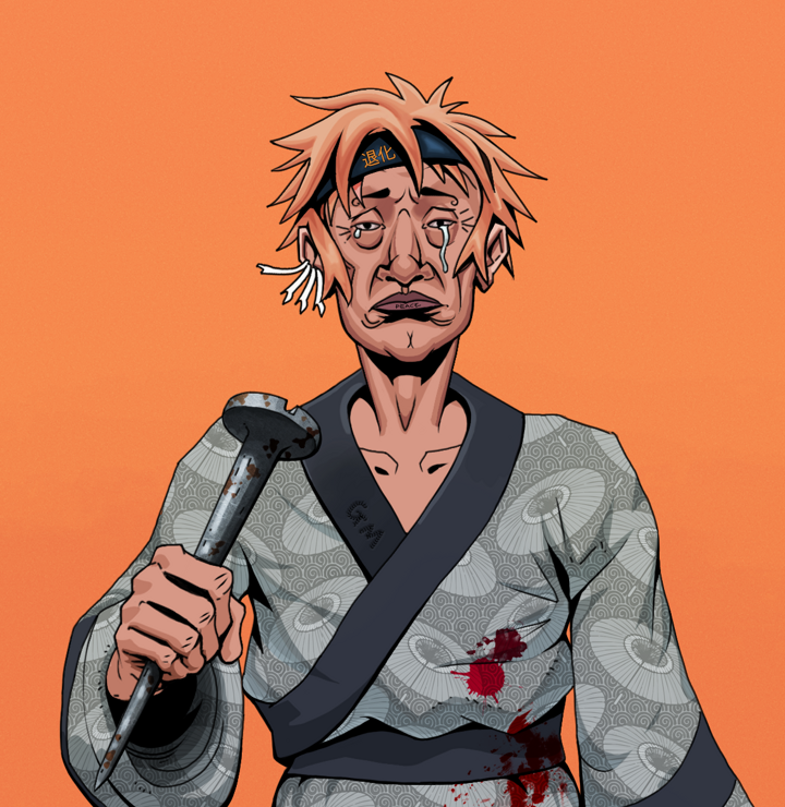 Teary Goro — Degen Dojo NFT art (Chicken Bones, Orange Afternoon, Degens, Loose Parasol Kimono, Teary Goro, Shirtless Runt, Tiger Headband Ruffian, Rusty Nail, Mint)