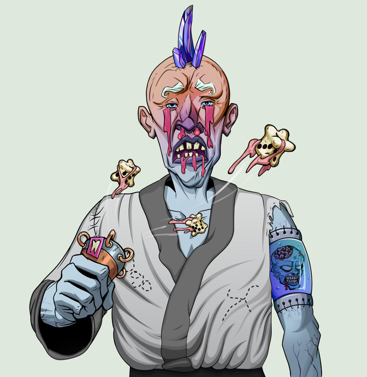 Teary Goro — Degen Dojo NFT art (Shirtless Runt, Olive Green, Demons, No Honor Kimono, Teary Goro, Mohawk Spike, Chō-Han Gambling Dice, Mint)