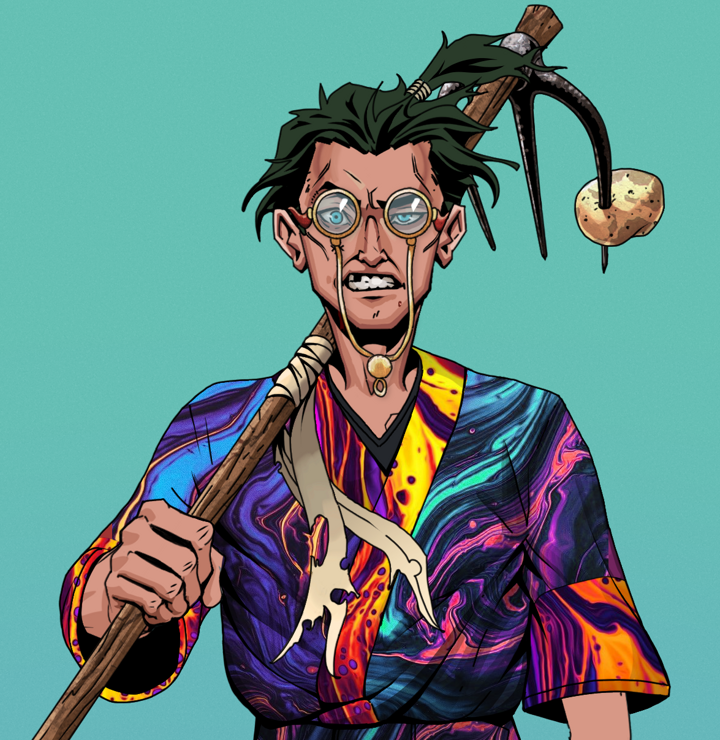 Akuma — Degen Dojo NFT art (Shirtless Runt, Teal Daytime, Degens, Rainbow Kimono, Akuma, Pompous Glasses, Messy Ponytail, Farmers Hoe, Mint)