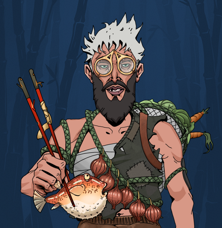 Serious Oleg — Degen Dojo NFT art (Shirtless Runt, Night Forest, Degens, Farmer, Serious Oleg, Pocket Glasses, Short Spiky Grey, Frightened Fugu, Mint)