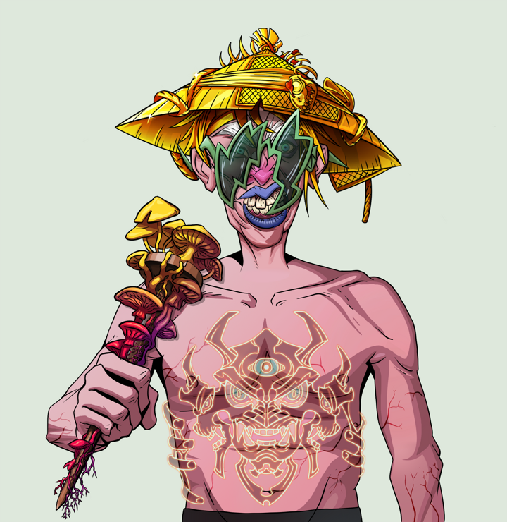 Young Yuji — Degen Dojo NFT art (Shirtless Runt, Olive Green, Demons, Red Oni Tattoo, Young Yuji, Shoji Glasses, Golden Kasa Fisherman, Rusty Nail, Mint)
