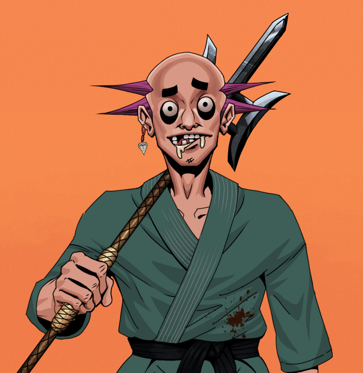 Drooling Azuma — Degen Dojo NFT art (Shark Tooth, Orange Afternoon, Degens, Fight Gi, Drooling Azuma, Shirtless Runt, Dejen Mohawk, Bishamon Yari, Mint)