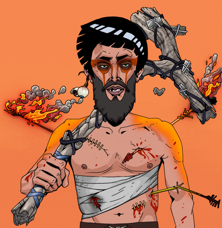 Oleg Of War — Degen Dojo NFT art (Shaman Eyes, Orange Afternoon, Degens, Bloody Mess, Oleg Of War, Shirtless Runt, Rock Lee, Large Branch, Mint)