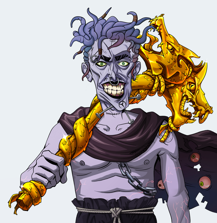 Junichiro Reborn — Degen Dojo NFT art (Shirtless Runt, Light Grey, Demons, Master Black Gi, Junichiro Reborn, Messy, Golden Warhammer, Mint)