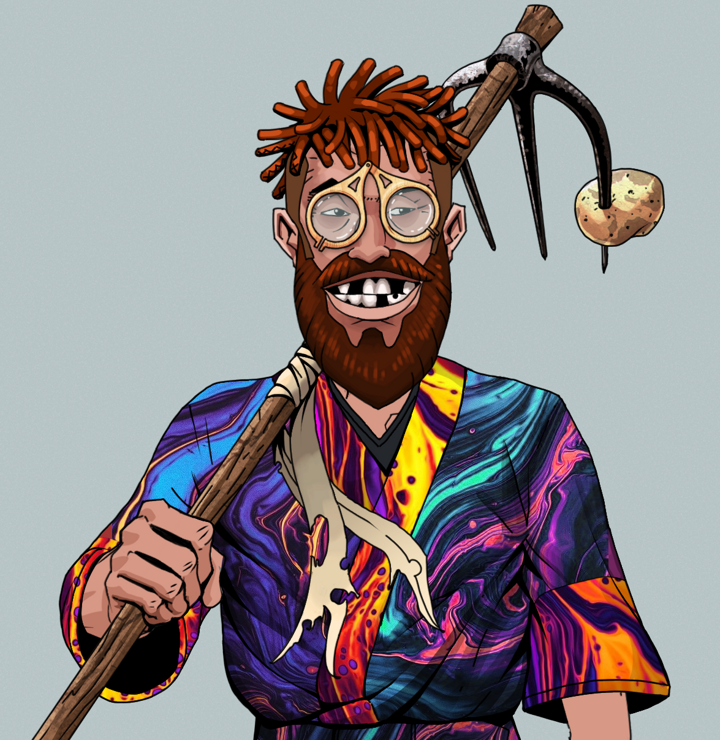 Igor The Bear — Degen Dojo NFT art (Shirtless Runt, Light Grey, Degens, Rainbow Kimono, Igor The Bear, Pocket Glasses, Orange Bantu Knots, Farmers Hoe, Mint)