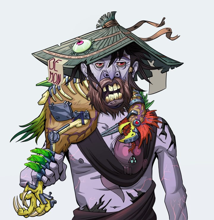 Serious Oleg — Degen Dojo NFT art (Shirtless Runt, Light Grey, Demons, Little Momonga Friend, Serious Oleg, High Straw Rice Hat, Chicken, Mint)