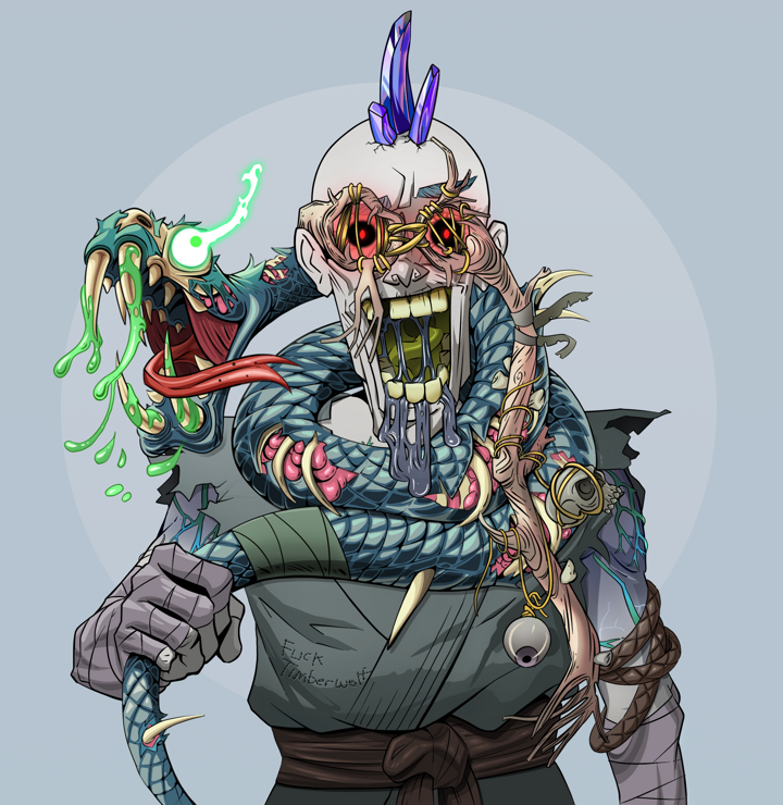 Yuuki — Degen Dojo NFT art (Shirtless Runt, Grey Mist, Demons, Student Gi, Yuuki, Telescopic Glasses, Mohawk Spike, Enchanted Snake, Mint)