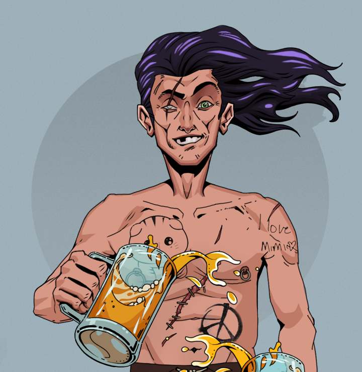 One-Eyed Itsuki — Degen Dojo NFT art (Shirtless Runt, Grey Mist, Degens, Recovering Alcoholic, One-Eyed Itsuki, Flowing Battousai, Beer Splash, Mint)