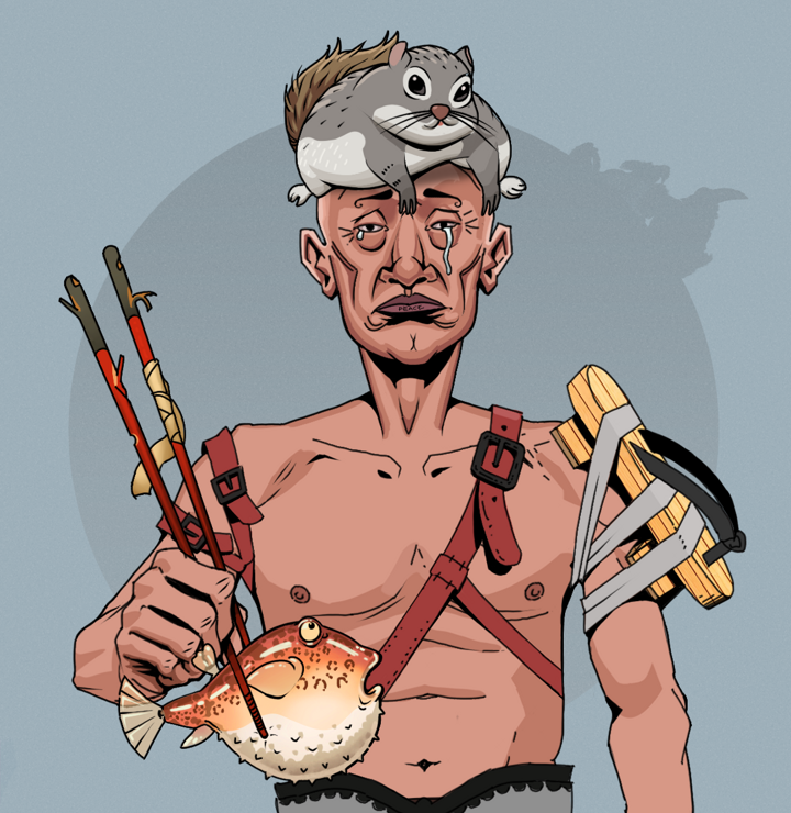 Teary Goro — Degen Dojo NFT art (Shirtless Runt, Grey Mist, Degens, Strap On Geta, Teary Goro, Mr. Momonga Hat, Frightened Fugu, Mint)