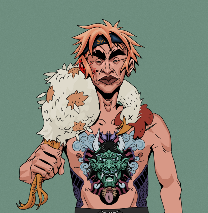Young Yuji — Degen Dojo NFT art (Shirtless Runt, Olive Green, Degens, Blue Oni Tattoo, Young Yuji, Tiger Headband Ruffian, Chicken, Mint)