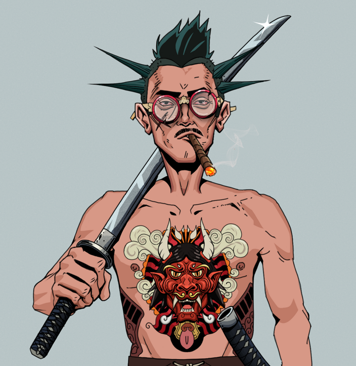 Raikou The Stoner — Degen Dojo NFT art (Shirtless Runt, Light Grey, Degens, Red Oni Tattoo, Raikou The Stoner, Broken Glasses, Yakuza Ruffian, Katana, Mint)