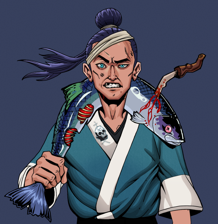 Akuma — Degen Dojo NFT art (Shirtless Runt, Blue Evening, Degens, Skull Kimono, Akuma, Long Flowing, Dead Fish, Mint)