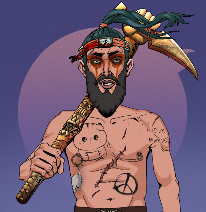 Oleg Of War — Degen Dojo NFT art (Shirtless Runt, Purple Night, Degens, Recovering Alcoholic, Oleg Of War, Green Bandana, Bronze Fisted Sickle, Mint)