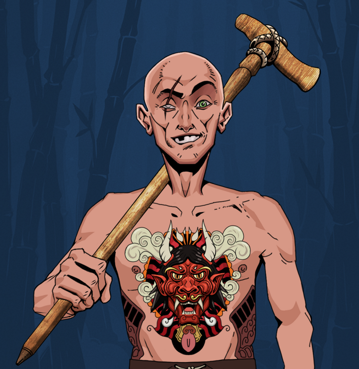 One-Eyed Itsuki — Degen Dojo NFT art (Shirtless Runt, Night Forest, Degens, Red Oni Tattoo, One-Eyed Itsuki, Bald, Wooden Walking Cane, Mint)
