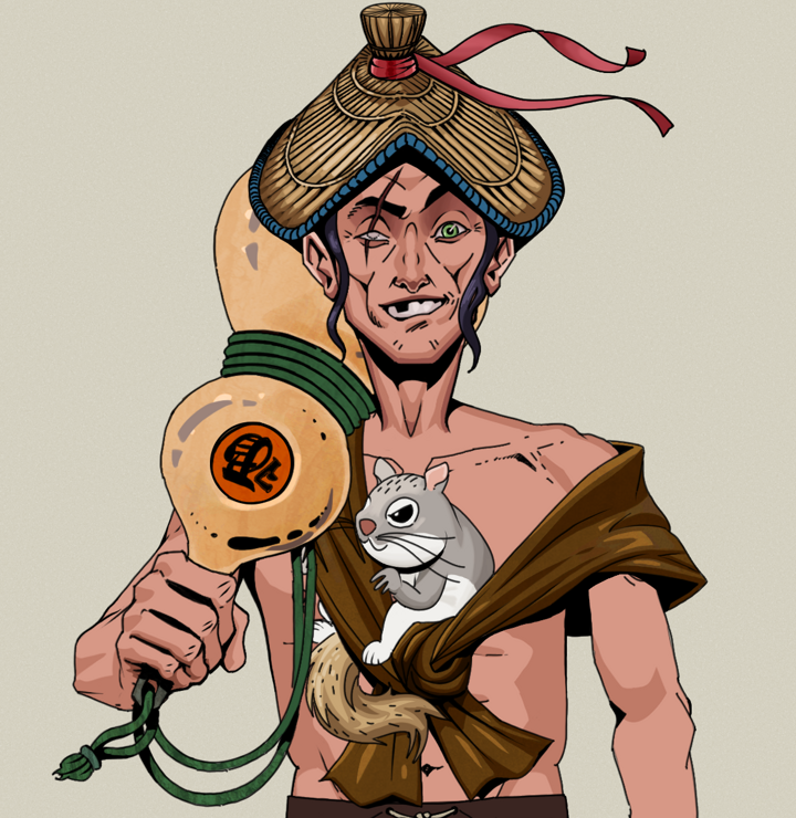 One-Eyed Itsuki — Degen Dojo NFT art (Shirtless Runt, Warm Grey, Degens, Little Momonga Friend, One-Eyed Itsuki, High Straw Rice Hat, Giant Sake Bottle, Mint)