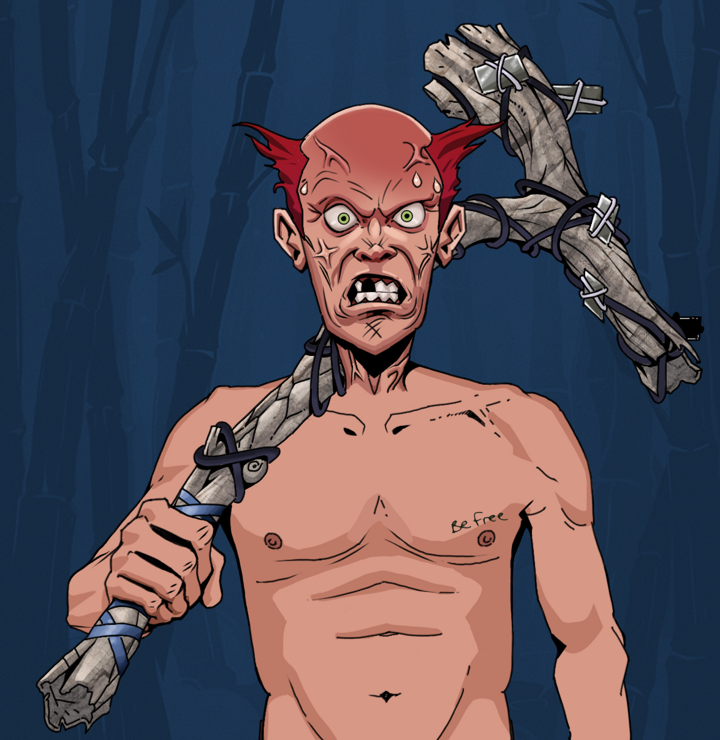 Angry Ikari — Degen Dojo NFT art (Shirtless Runt, Night Forest, Degens, Nudey Freak, Angry Ikari, Red Heihachi, Large Branch, Mint)