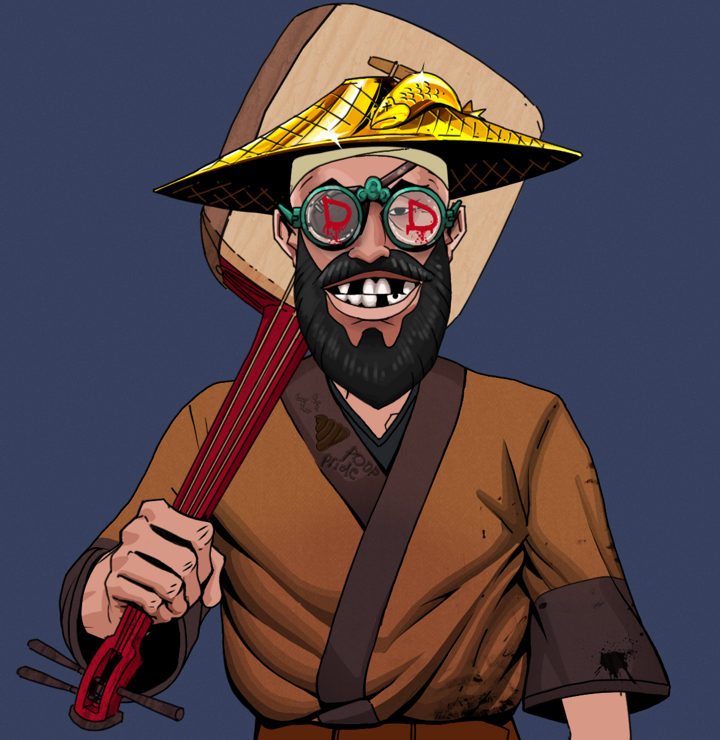 Igor The Veteran — Degen Dojo NFT art (Shirtless Runt, Blue Evening, Degens, Poop Pride Kimono, Igor The Veteran, Dojo Graffiti, Golden Kasa Fisherman, Shamisen, Mint)