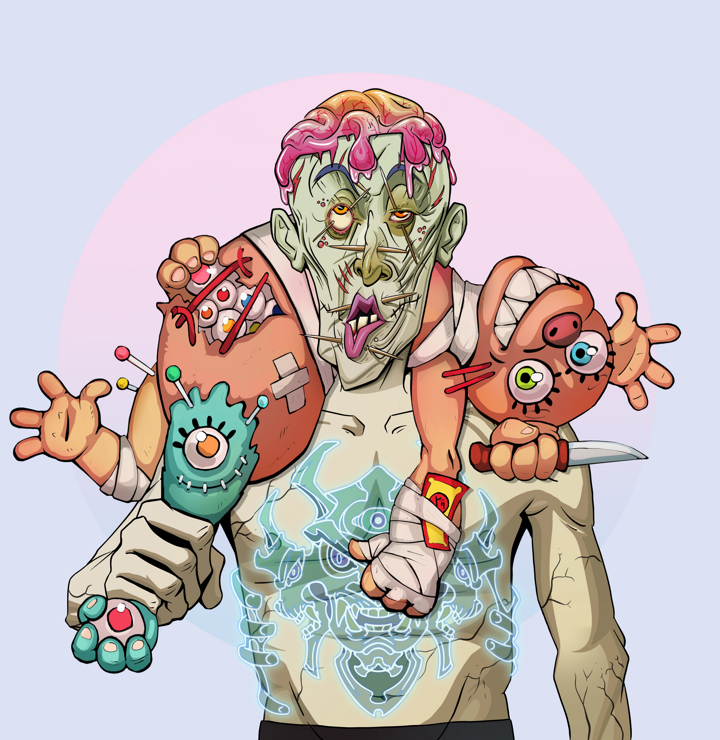 Edmundo — Degen Dojo NFT art (Shirtless Runt, Purple Night, Demons, Blue Oni Tattoo, Edmundo, Rock Lee, Teddy Bear, Mint)