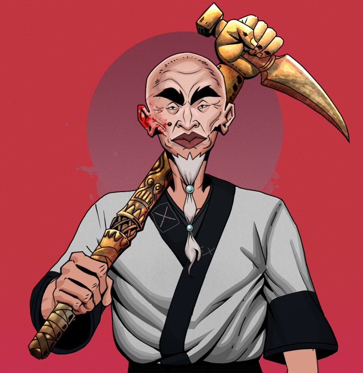Yuji The Wise — Degen Dojo NFT art (Shirtless Runt, Red High Moon, Degens, Katana Kimono, Yuji The Wise, Bald, Bronze Fisted Sickle, Mint)