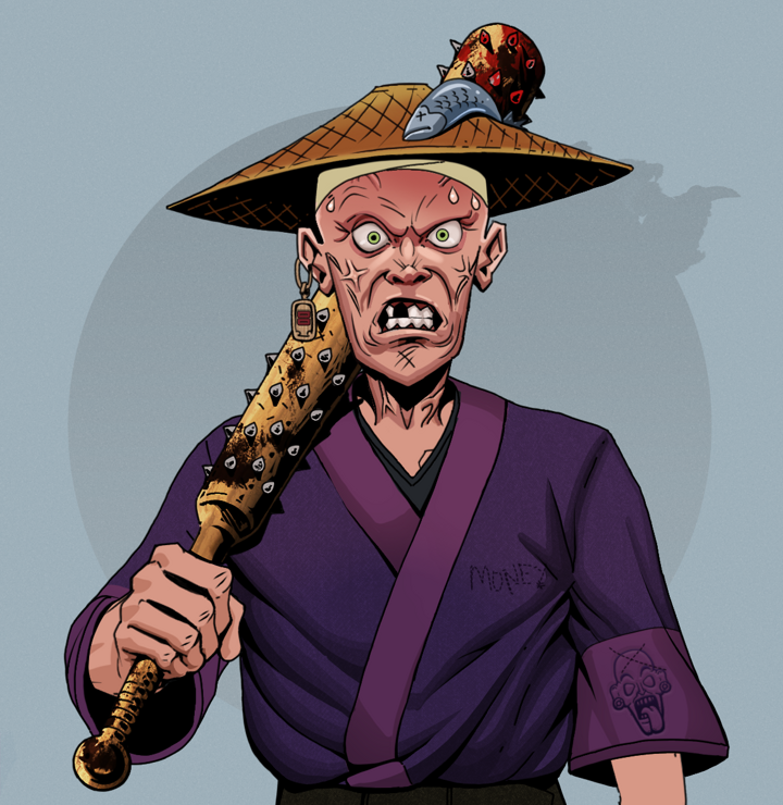 Angry Ikari — Degen Dojo NFT art (Dojo Paper Earring, Grey Mist, Degens, Money Kimono, Angry Ikari, Shirtless Runt, Wide Kasa Fisherman, Yakuza Club, Mint)