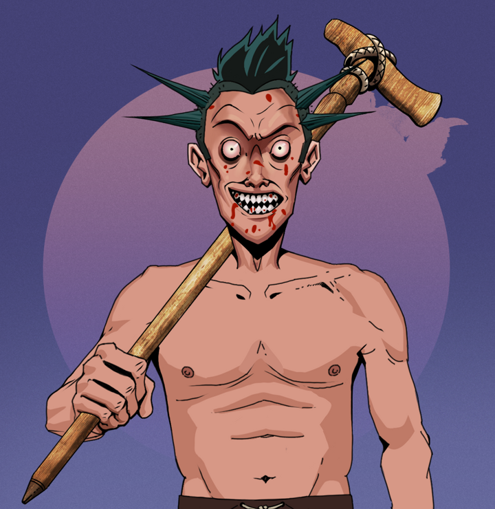 Assassin Fuzen — Degen Dojo NFT art (Shirtless Runt, Purple Night, Degens, Assassin Fuzen, Yakuza Ruffian, Wooden Walking Cane, Mint)