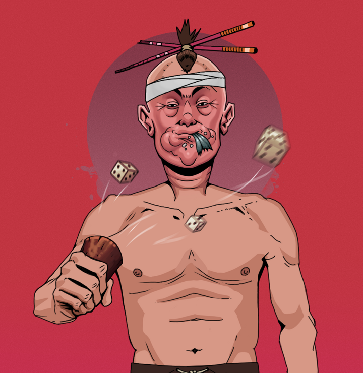 Fatty Bobsticks — Degen Dojo NFT art (Shirtless Runt, Red High Moon, Degens, Fatty Bobsticks, Hair Bun With Chopsticks, Chō-Han Gambling Dice, Mint)
