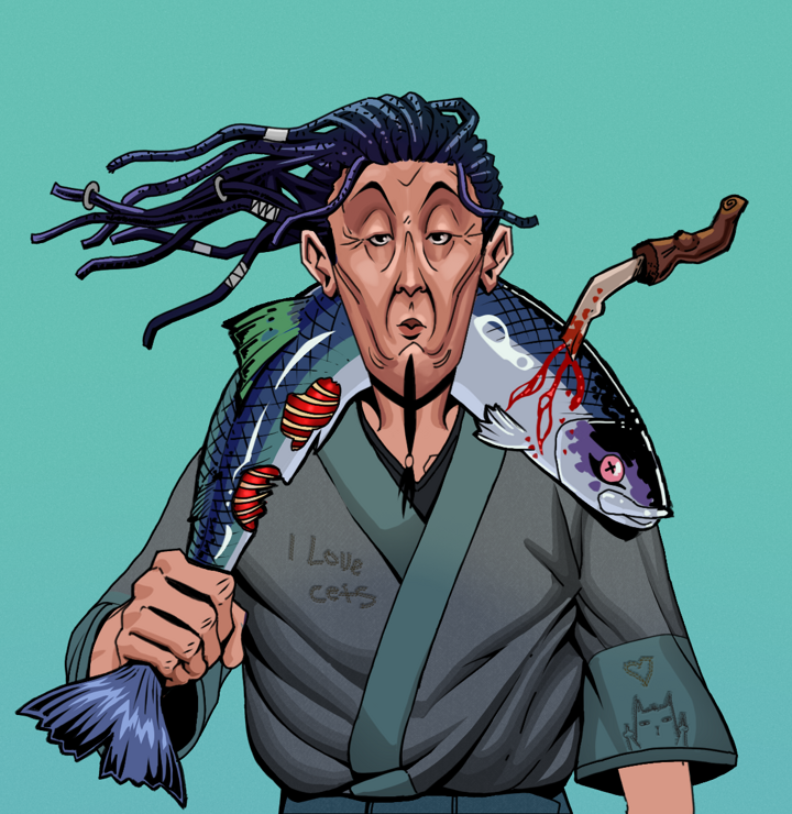 Edmundo — Degen Dojo NFT art (Shirtless Runt, Teal Daytime, Degens, Cet Kimono, Edmundo, Flowing Dreads, Dead Fish, Mint)