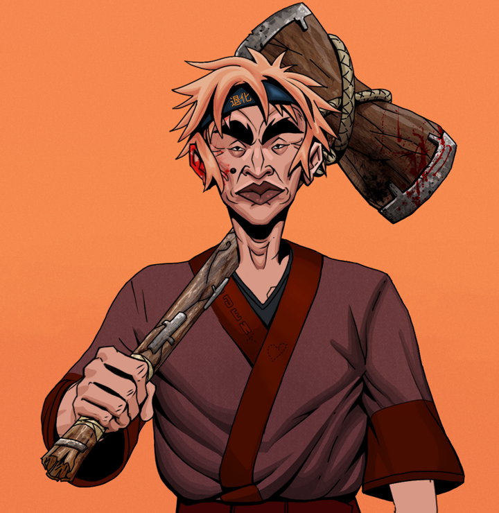 Young Yuji — Degen Dojo NFT art (Shirtless Runt, Orange Afternoon, Degens, Proud Dejen Kimono, Young Yuji, Tiger Headband Ruffian, Wooden Warhammer, Mint)