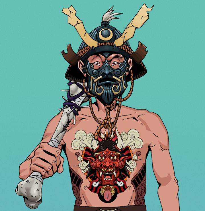 Stresshead Rin — Degen Dojo NFT art (Shirtless Runt, Teal Daytime, Degens, Red Oni Tattoo, Stresshead Rin, Tatami Kabuto, Spiky Femur, Mint)
