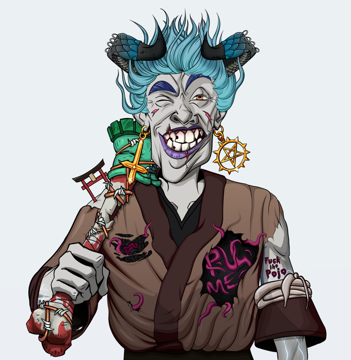 Cheery Haru — Degen Dojo NFT art (Golden Jesuit Crosses, Light Grey, Demons, Degen Dojo Kimono, Cheery Haru, Shirtless Runt, Black Oni Horns, Spiky Femur, Mint)