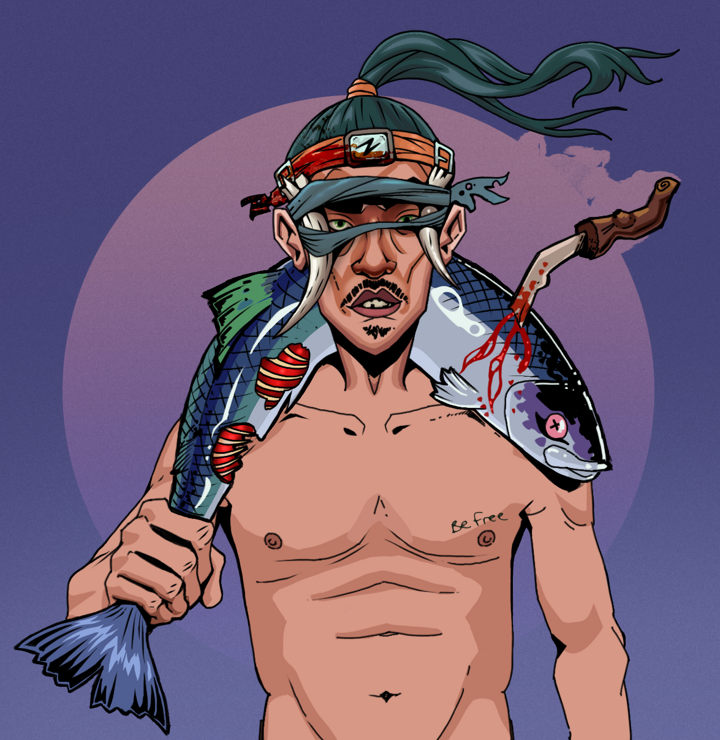 Gloomy Masumi — Degen Dojo NFT art (Shirtless Runt, Purple Night, Degens, Nudey Freak, Gloomy Masumi, Tied Horns, Green Bandana, Dead Fish, Mint)