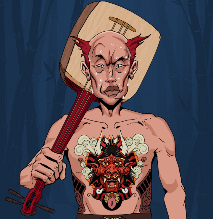 Stresshead Rin — Degen Dojo NFT art (Shirtless Runt, Night Forest, Degens, Red Oni Tattoo, Stresshead Rin, Red Heihachi, Shamisen, Mint)
