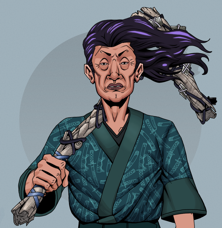 Goro — Degen Dojo NFT art (Shirtless Runt, Grey Mist, Degens, Katanajamas Kimono, Goro, Flowing Battousai, Large Branch, Mint)