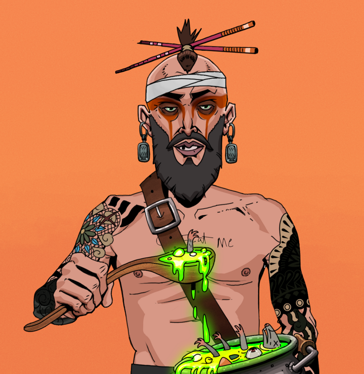 Oleg Of War — Degen Dojo NFT art (Iron Earrings, Orange Afternoon, Degens, Black Yakuza Sleeves, Oleg Of War, Shirtless Runt, Hair Bun With Chopsticks, Shaman Soup, Mint)