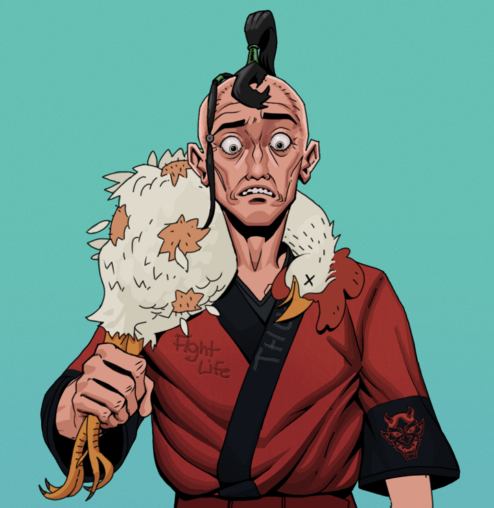 Shitless Botan — Degen Dojo NFT art (Shirtless Runt, Teal Daytime, Degens, Red Oni Kimono, Shitless Botan, Dejen Samurai, Chicken, Mint)