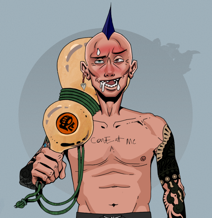 Yuuki — Degen Dojo NFT art (Shark Tooth, Grey Mist, Degens, Black Yakuza Sleeves, Yuuki, Shirtless Runt, Mohawk Spike, Giant Sake Bottle, Mint)