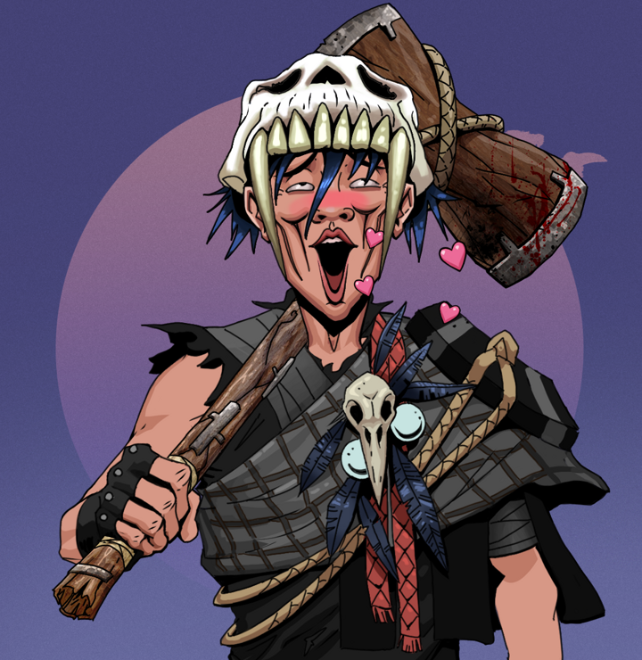 Lovey Haruto — Degen Dojo NFT art (Shirtless Runt, Purple Night, Degens, Bird Shaman, Lovey Haruto, Sabertooth Skull, Wooden Warhammer, Mint)