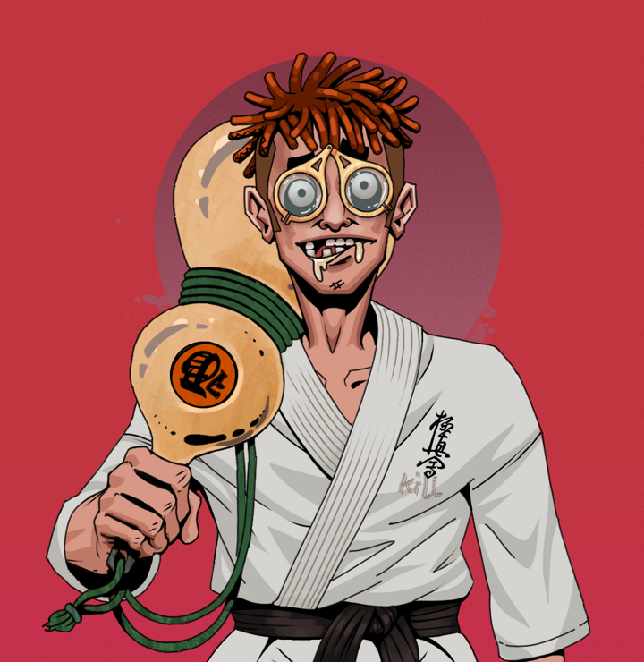 Drooling Azuma — Degen Dojo NFT art (Shirtless Runt, Red High Moon, Degens, Student Gi, Drooling Azuma, Pocket Glasses, Orange Bantu Knots, Giant Sake Bottle, Mint)