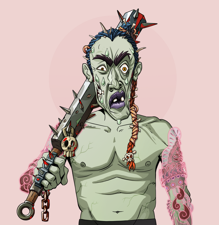 Stresshead Rin — Degen Dojo NFT art (Shirtless Runt, Red High Moon, Demons, Yakuza Tattoo Sleeves, Stresshead Rin, Braided Samurai Ponytail, Yakuza Club, Mint)