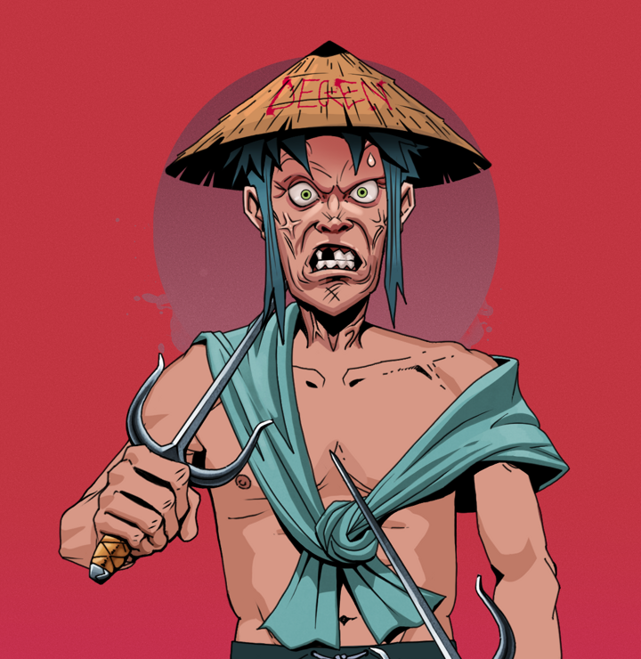 Angry Ikari — Degen Dojo NFT art (Shirtless Runt, Red High Moon, Degens, Queeny Chic, Angry Ikari, Degen Graffiti Rice Hat, Dual Sai, Mint)